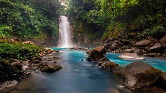 The turquoise waters of Rio Celeste surrounded by green rainforest
