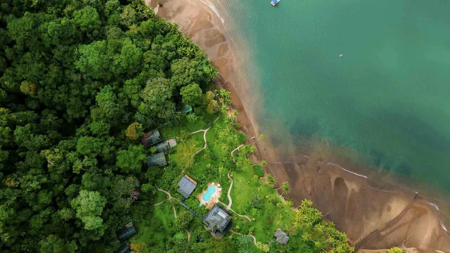 Aerial view of Playa Cativo Eco Resort at the beach